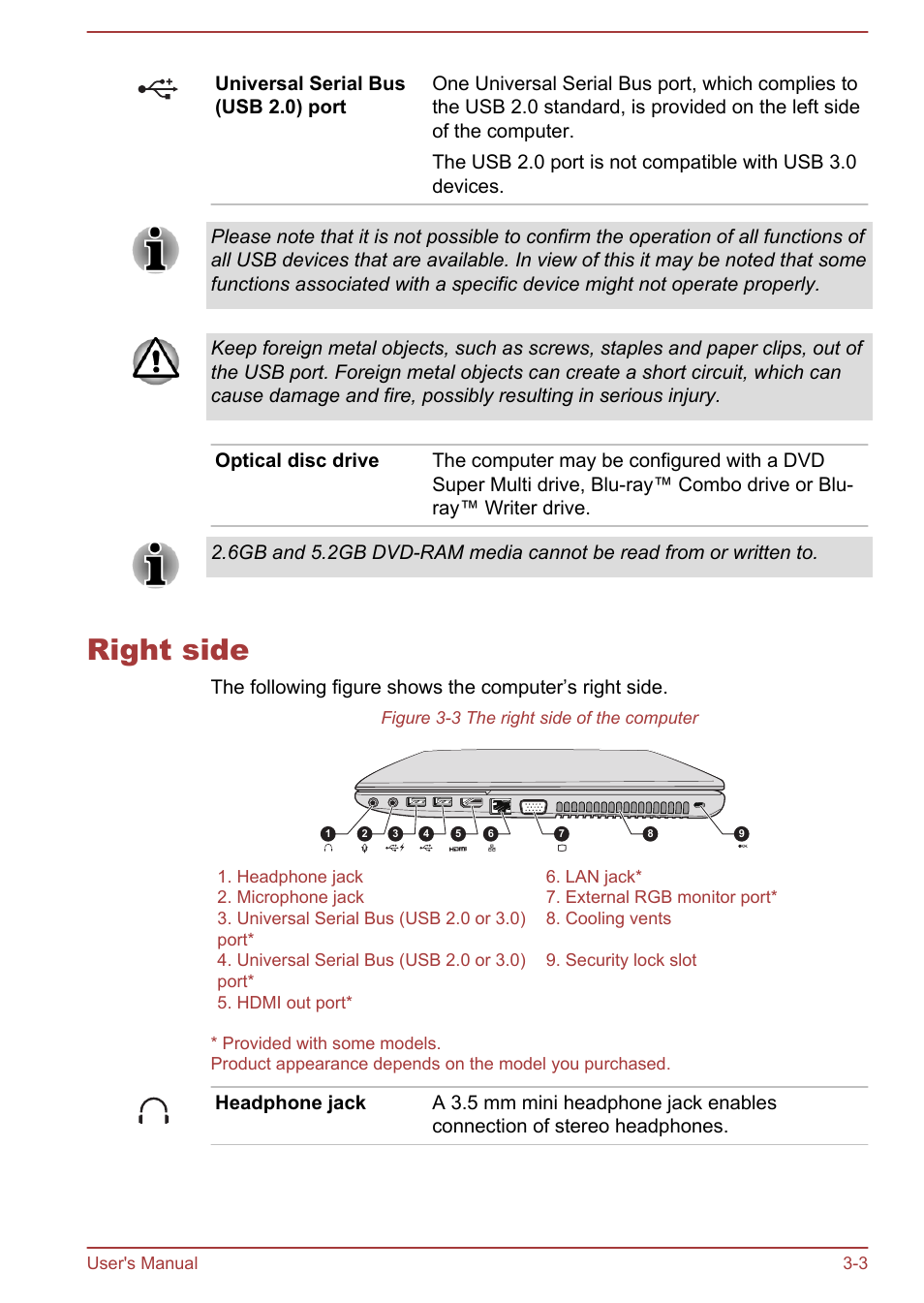 Right side, Right side -3 | Toshiba Satellite L855-B User Manual | Page 44 / 144