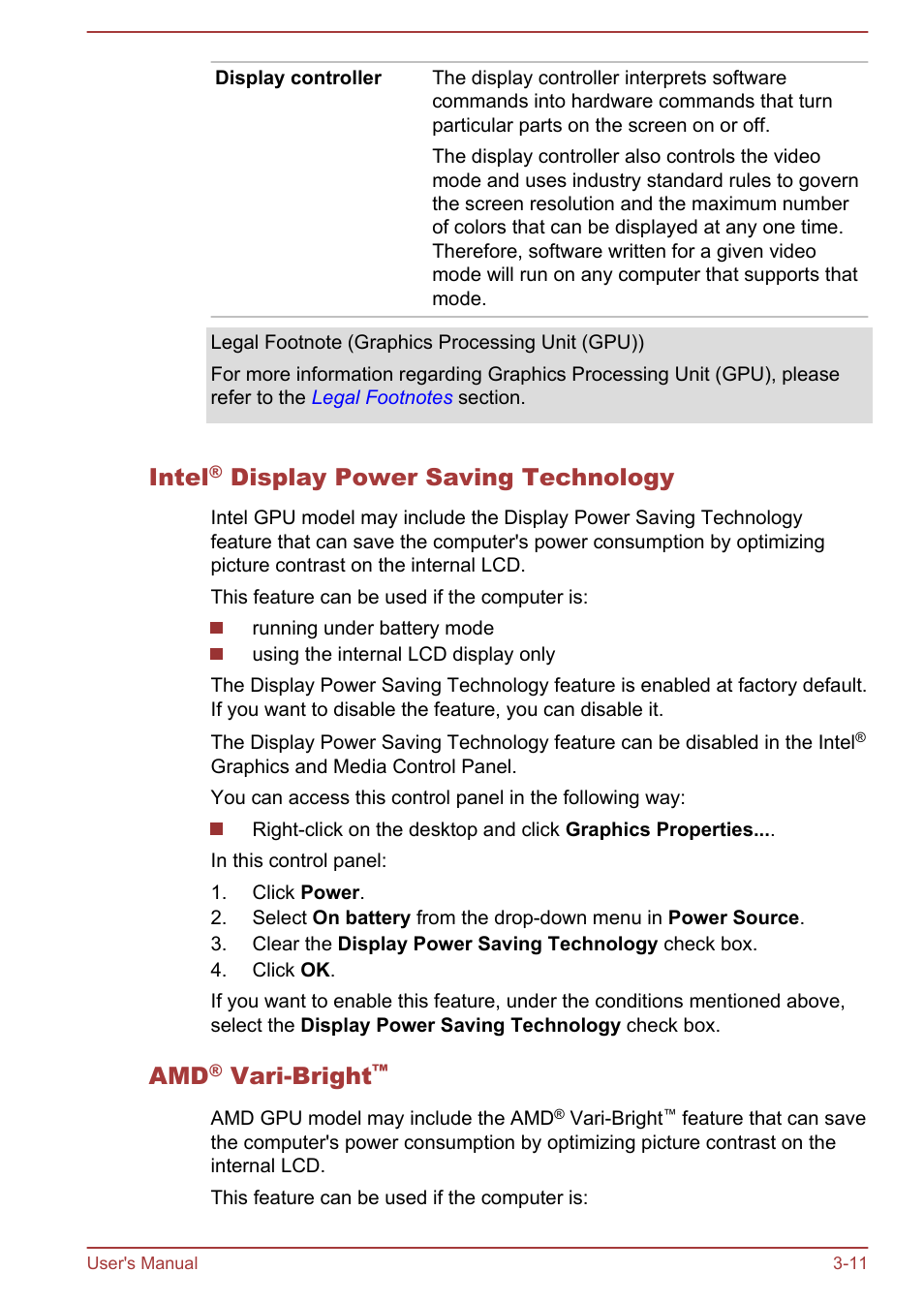 Intel® display power saving technology, Amd® vari-bright, Intel | Display power saving technology, Vari-bright | Toshiba Satellite L855-B User Manual | Page 52 / 144