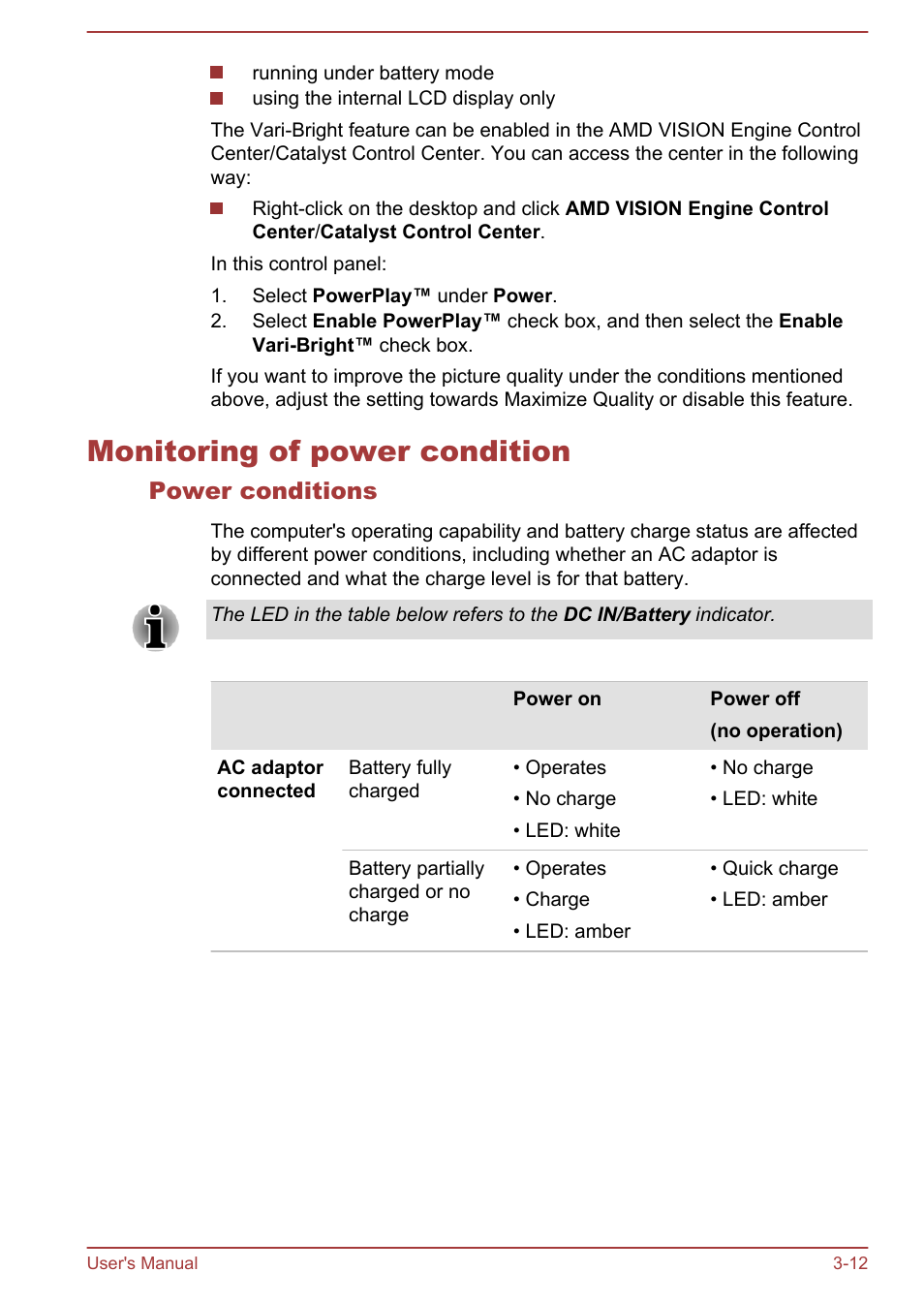 Monitoring of power condition, Power conditions, Monitoring of power condition -12 | Toshiba Satellite L855-B User Manual | Page 53 / 144