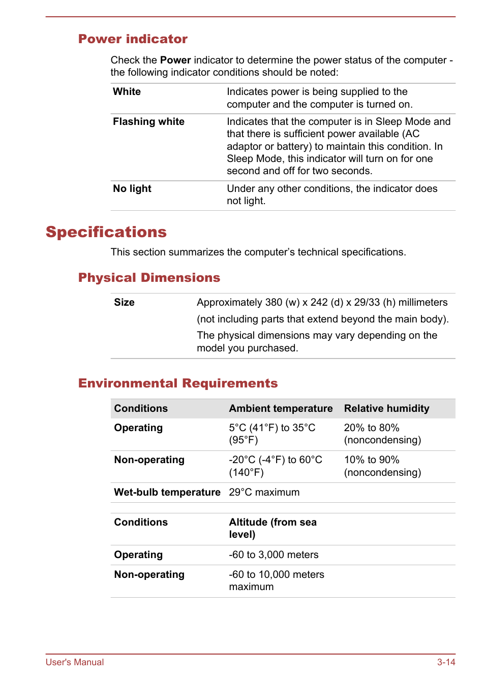 Power indicator, Specifications, Physical dimensions | Environmental requirements, Specifications -14 | Toshiba Satellite L855-B User Manual | Page 55 / 144