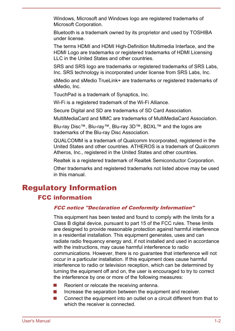 Regulatory information, Fcc information, Regulatory information -2 | Toshiba Satellite L855-B User Manual | Page 6 / 144