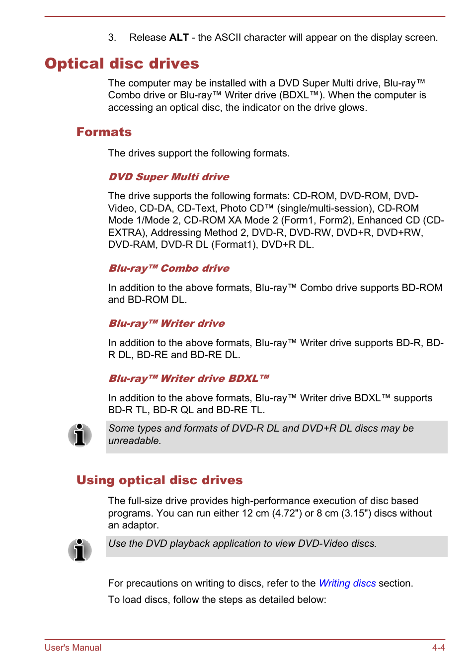 Optical disc drives, Formats, Using optical disc drives | Optical disc drives -4 | Toshiba Satellite L855-B User Manual | Page 62 / 144