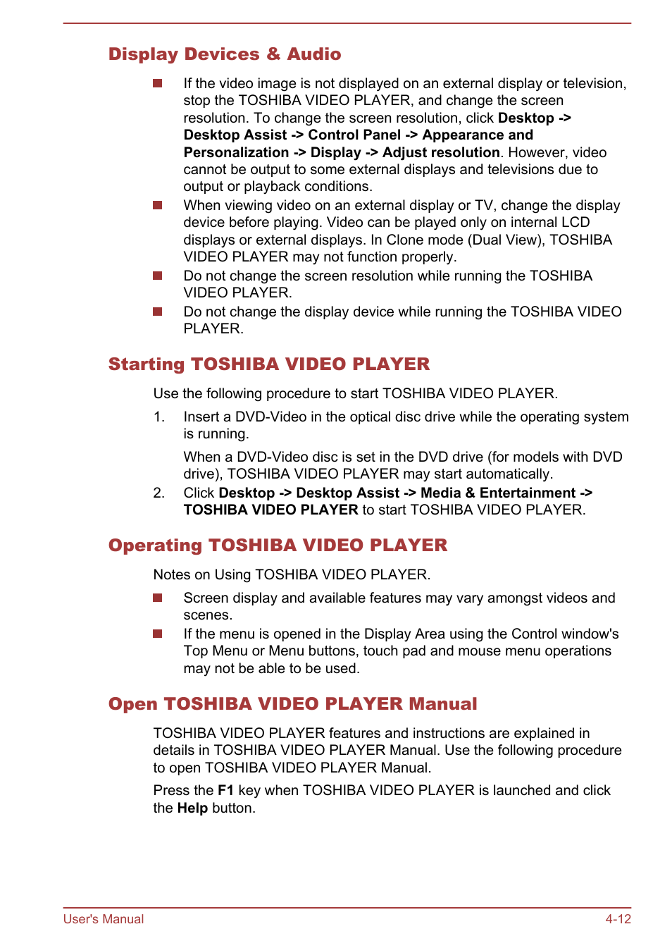 Display devices & audio, Starting toshiba video player, Operating toshiba video player | Open toshiba video player manual | Toshiba Satellite L855-B User Manual | Page 70 / 144