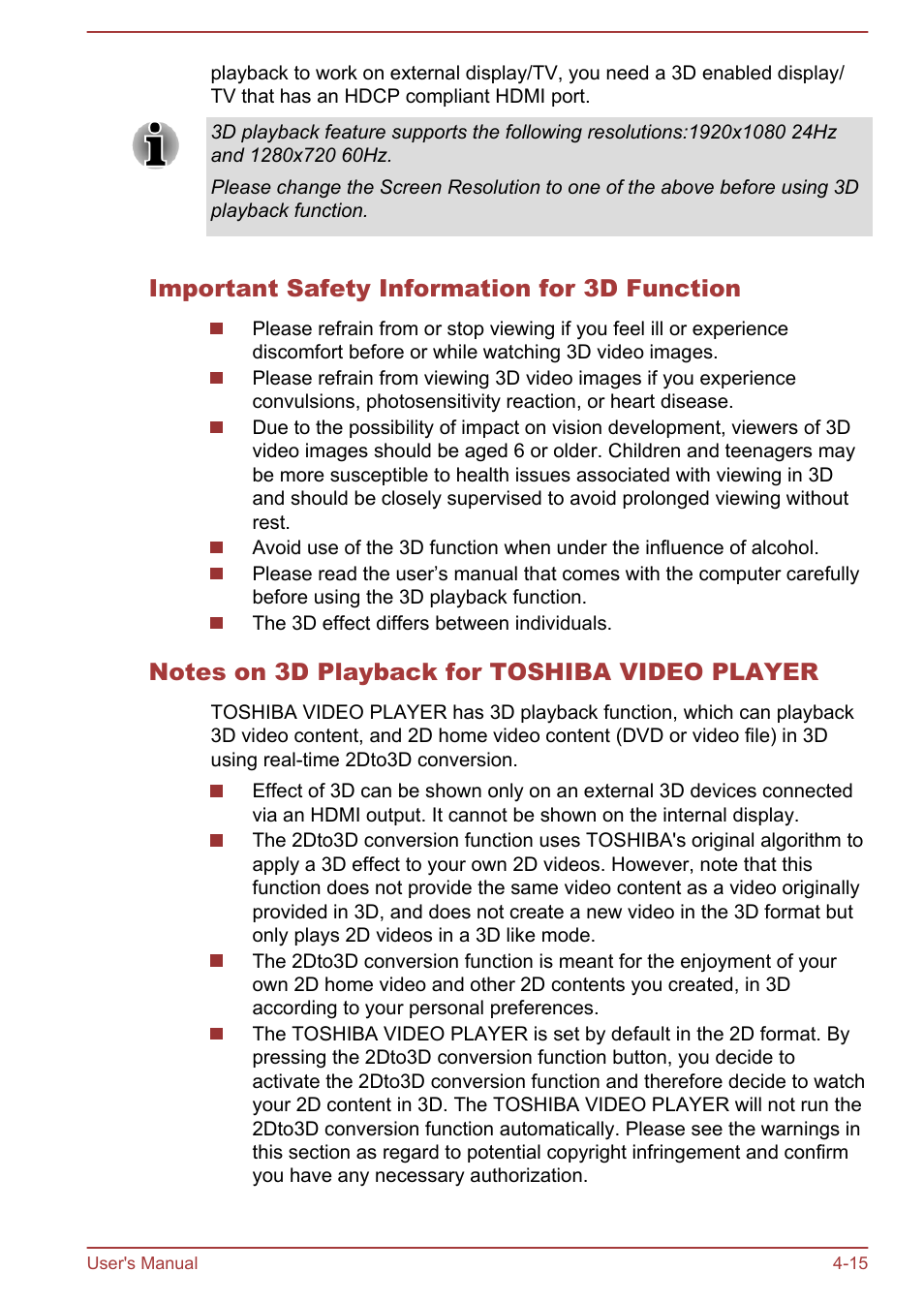 Important safety information for 3d function, Notes on 3d playback for toshiba video player | Toshiba Satellite L855-B User Manual | Page 73 / 144