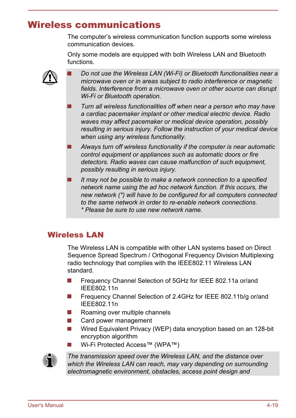 Wireless communications, Wireless lan, Wireless communications -19 | Toshiba Satellite L855-B User Manual | Page 77 / 144