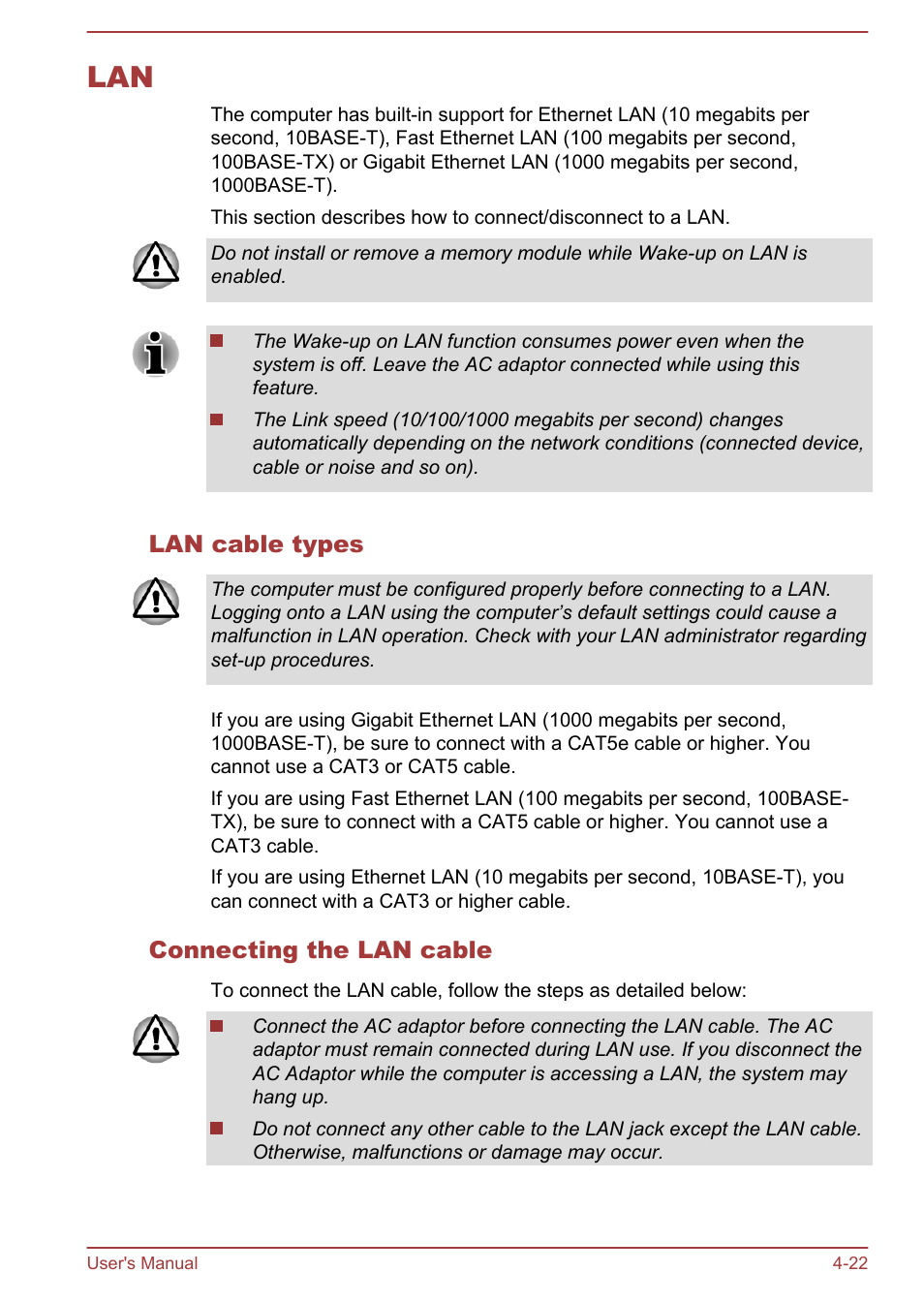 Lan cable types, Connecting the lan cable, Lan -22 | Toshiba Satellite L855-B User Manual | Page 80 / 144