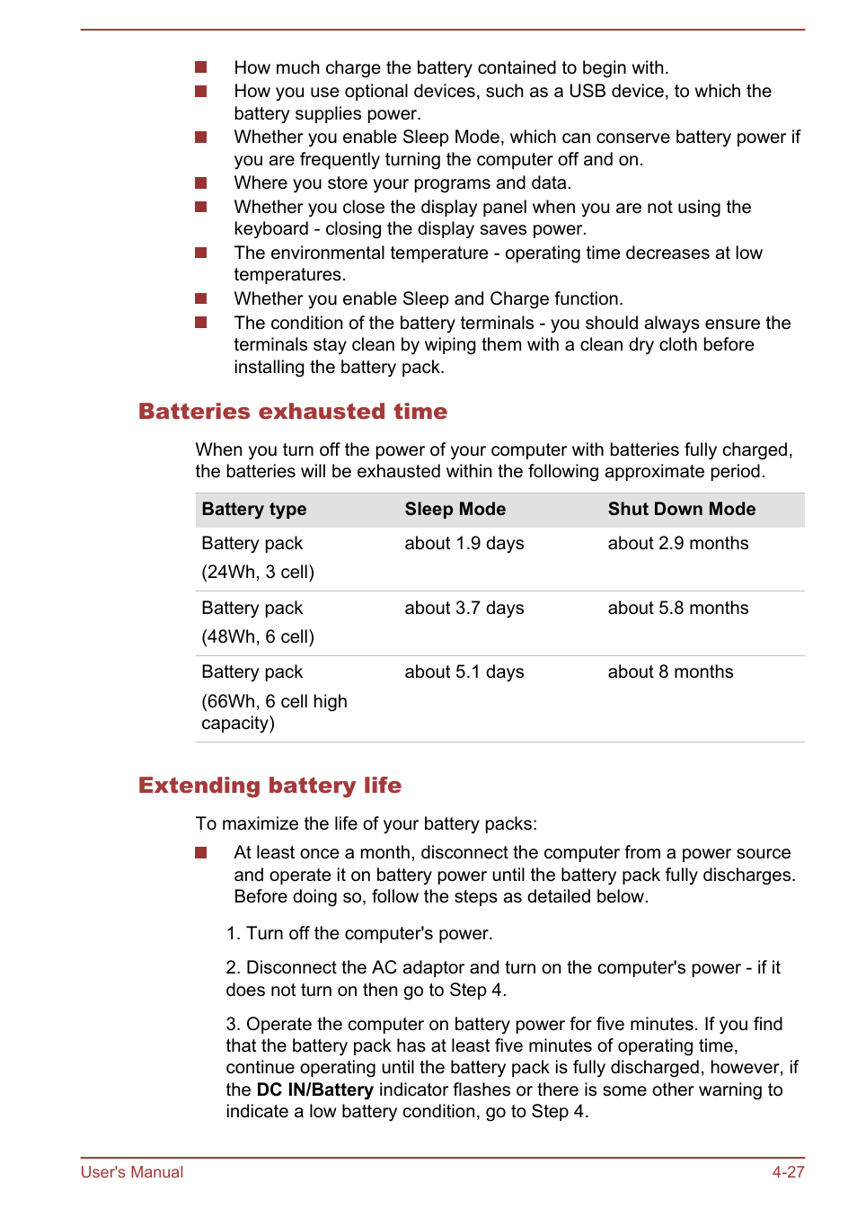 Batteries exhausted time, Extending battery life | Toshiba Satellite L855-B User Manual | Page 85 / 144