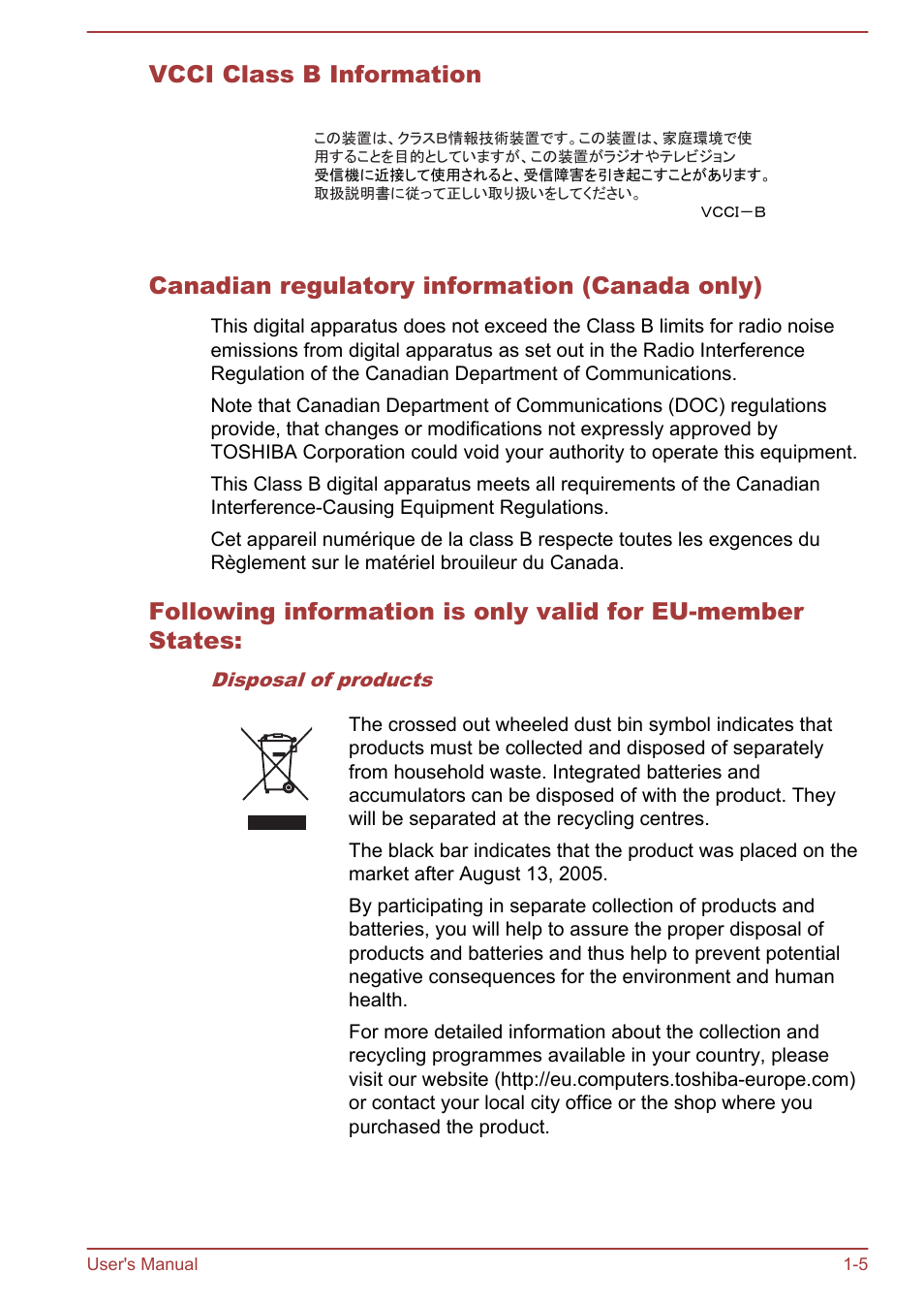 Vcci class b information, Canadian regulatory information (canada only) | Toshiba Satellite L855-B User Manual | Page 9 / 144