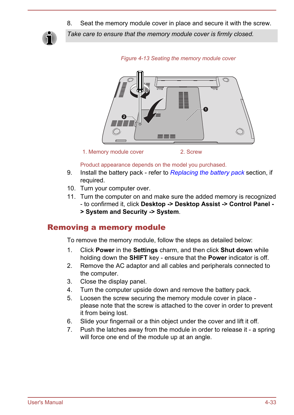 Removing a memory module | Toshiba Satellite L855-B User Manual | Page 91 / 144