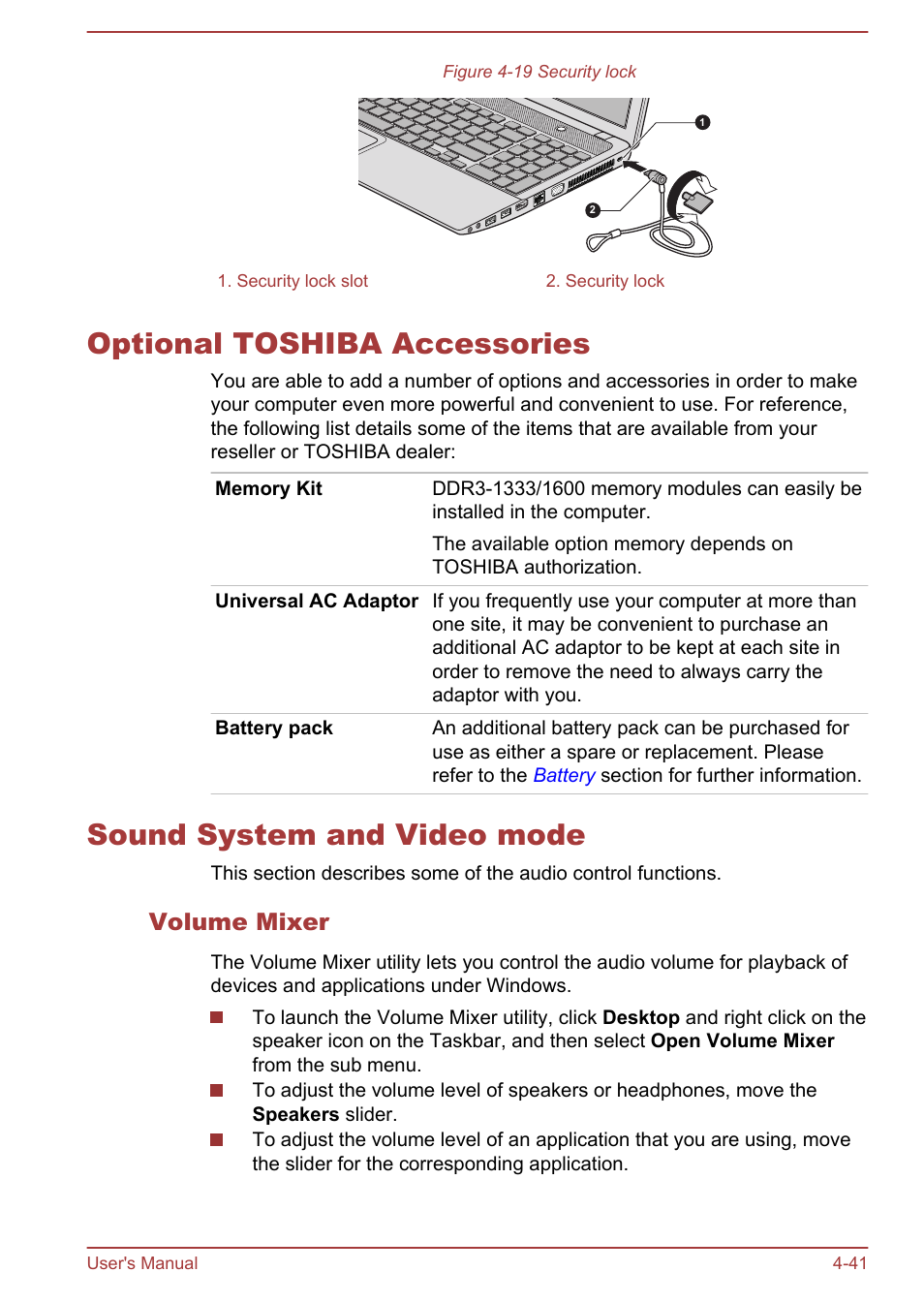 Optional toshiba accessories, Sound system and video mode, Volume mixer | To the | Toshiba Satellite L855-B User Manual | Page 99 / 144