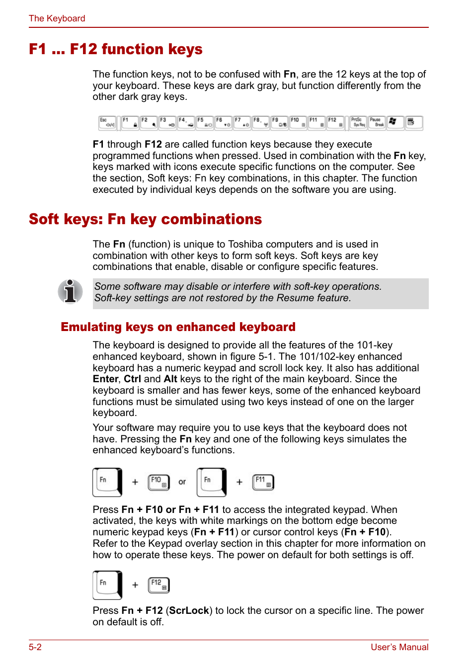 F1 ... f12 function keys, Soft keys: fn key combinations, Emulating keys on enhanced keyboard | Toshiba Satellite Pro M40 User Manual | Page 100 / 190