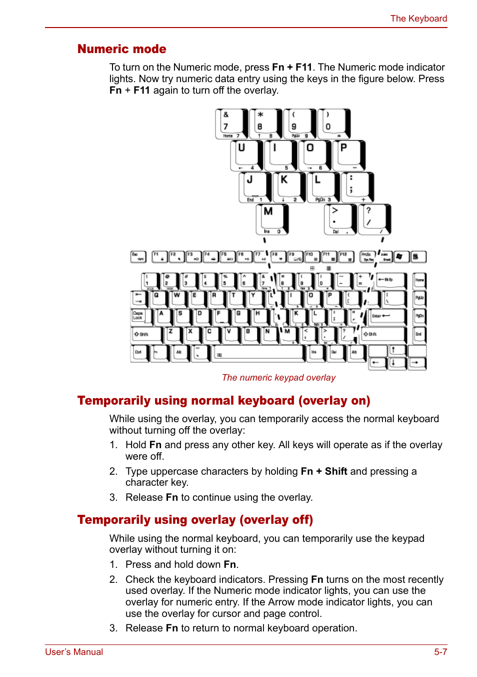 Numeric mode, Temporarily using normal keyboard (overlay on), Temporarily using overlay (overlay off) | Toshiba Satellite Pro M40 User Manual | Page 105 / 190