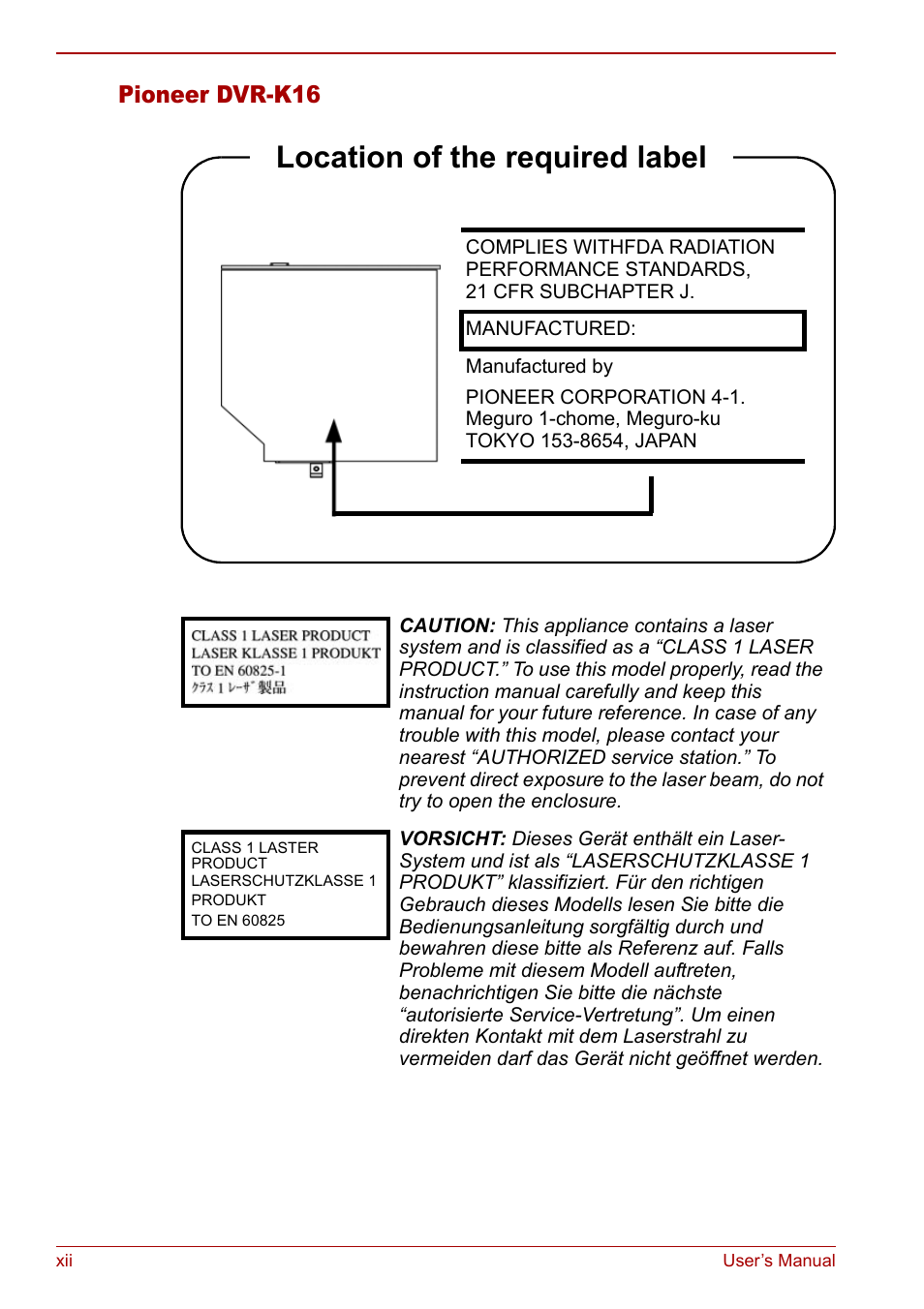 Location of the required label, Pioneer dvr-k16 | Toshiba Satellite Pro M40 User Manual | Page 12 / 190