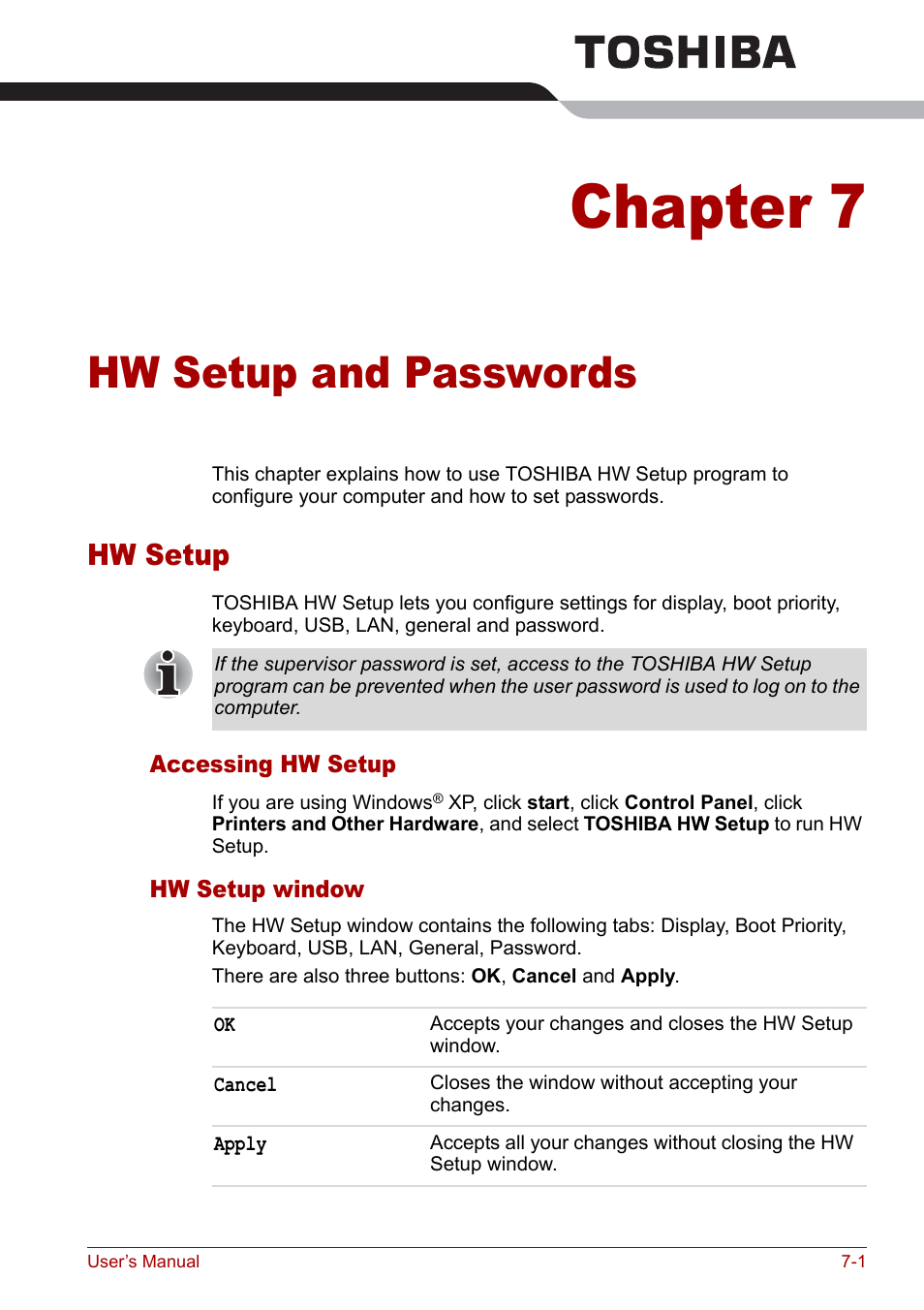 Chapter 7 - hw setup and passwords, Hw setup, Hw setup and | Passwords, Hw setup and passwords, Chapter 7, Hw setup -1 | Toshiba Satellite Pro M40 User Manual | Page 121 / 190