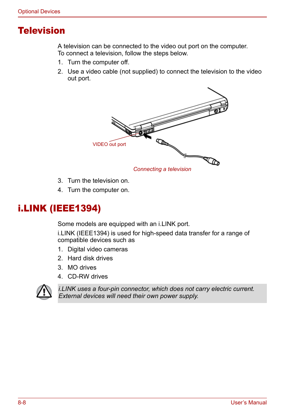 Television, I.link (ieee1394), Television -8 i.link (ieee1394) -8 | Toshiba Satellite Pro M40 User Manual | Page 134 / 190