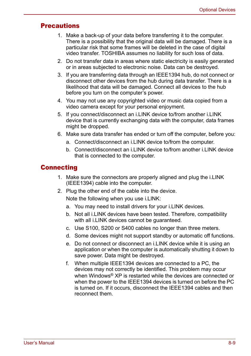 Precautions, Connecting | Toshiba Satellite Pro M40 User Manual | Page 135 / 190