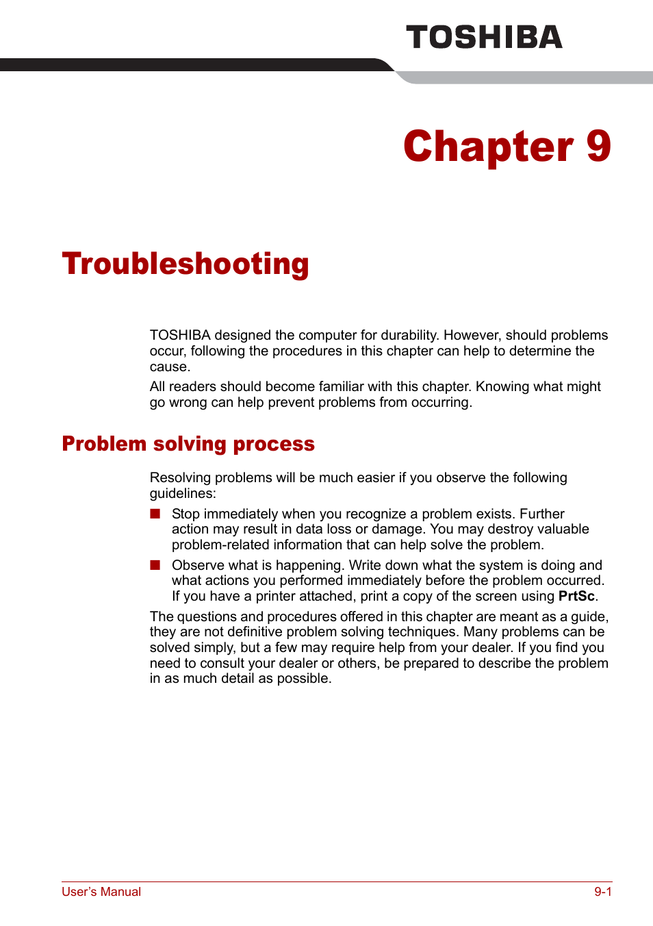 Chapter 9 - troubleshooting, Problem solving process, Troubleshooting | Chapter 9, Problem solving process -1 | Toshiba Satellite Pro M40 User Manual | Page 137 / 190