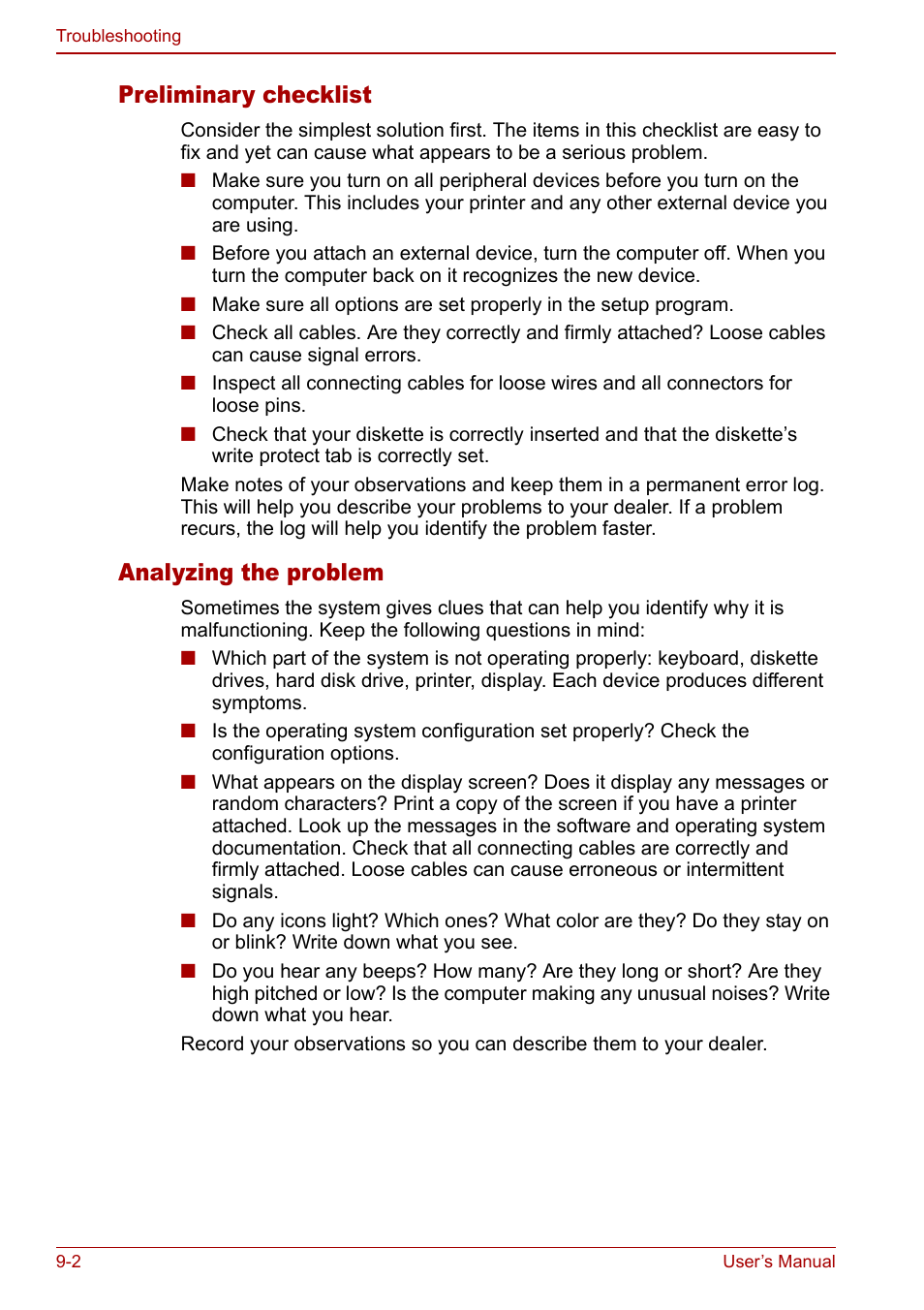 Preliminary checklist, Analyzing the problem | Toshiba Satellite Pro M40 User Manual | Page 138 / 190