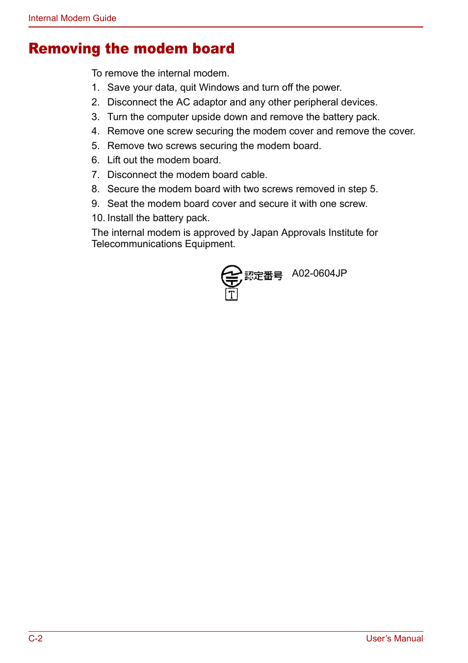 Removing the modem board | Toshiba Satellite Pro M40 User Manual | Page 162 / 190