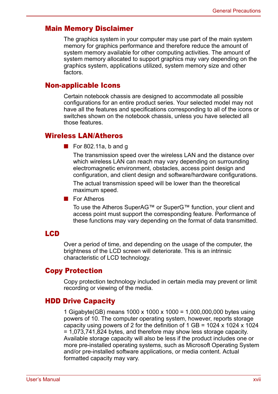 Non-applicable icons, Wireless lan/atheros, Copy protection | Hdd drive capacity | Toshiba Satellite Pro M40 User Manual | Page 17 / 190