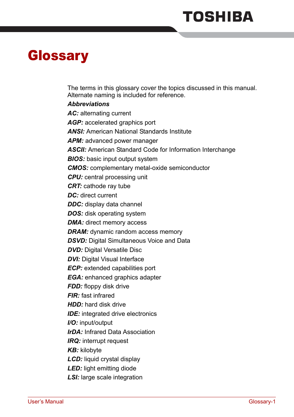 Glossary | Toshiba Satellite Pro M40 User Manual | Page 173 / 190