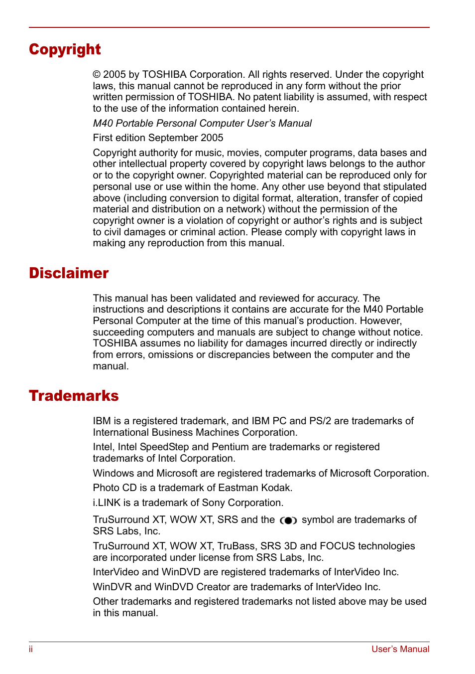 Copyright, Disclaimer, Trademarks | Toshiba Satellite Pro M40 User Manual | Page 2 / 190