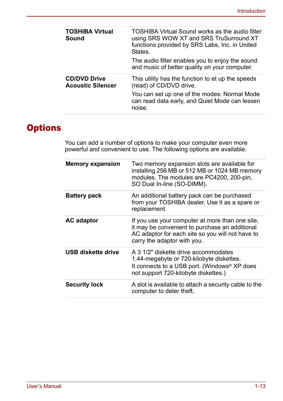 Options, Options -13 | Toshiba Satellite Pro M40 User Manual | Page 39 / 190