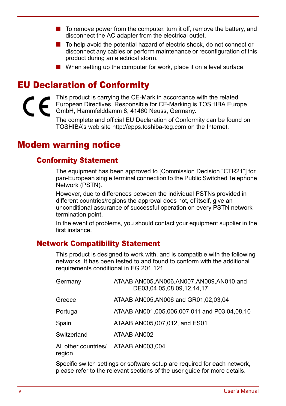 Eu declaration of conformity, Modem warning notice, Conformity statement | Network compatibility statement | Toshiba Satellite Pro M40 User Manual | Page 4 / 190