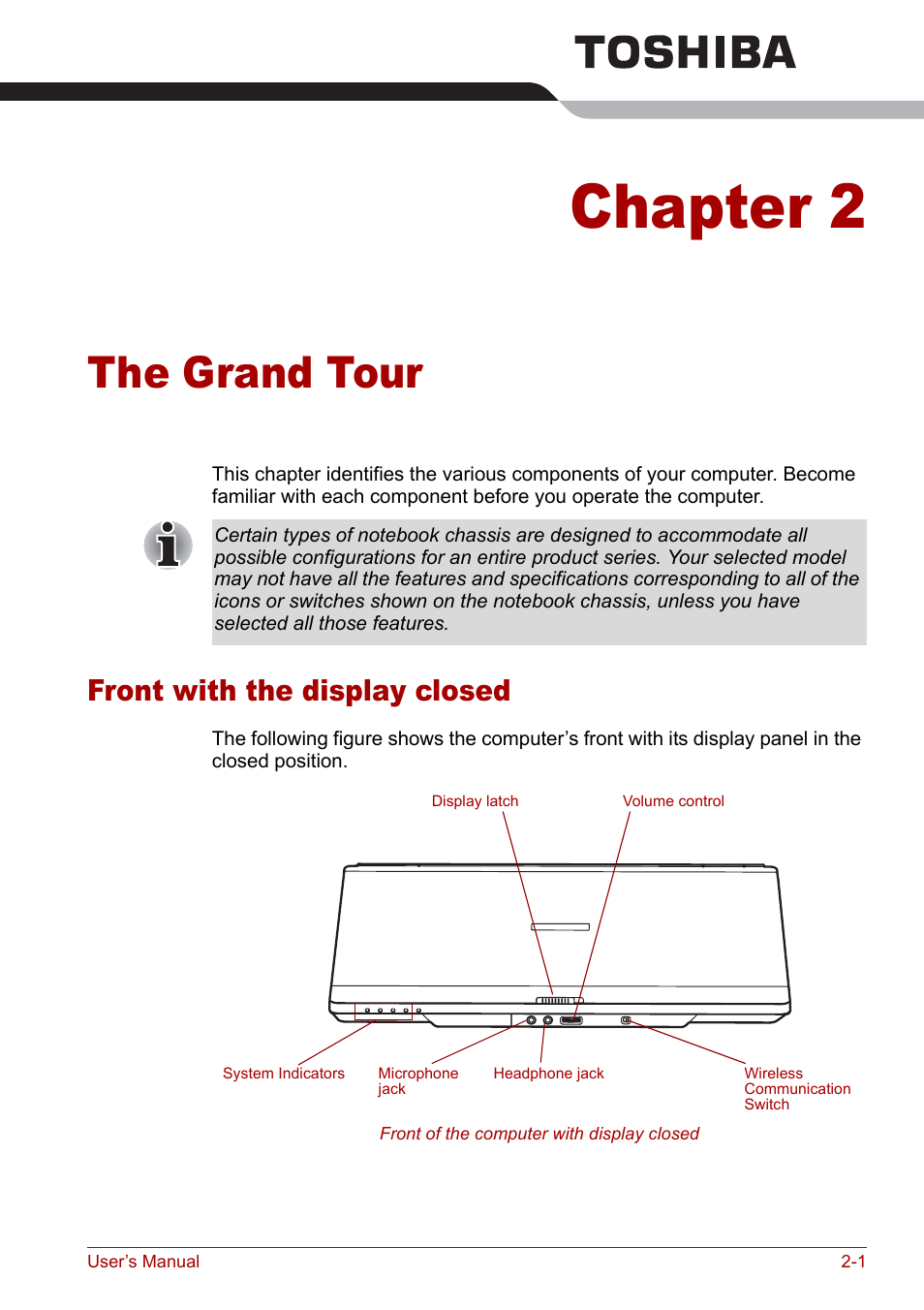 Chapter 2 - the grand tour, Front with the display closed, The grand tour | Ter 2, Chapter 2, Front with the display closed -1 | Toshiba Satellite Pro M40 User Manual | Page 41 / 190