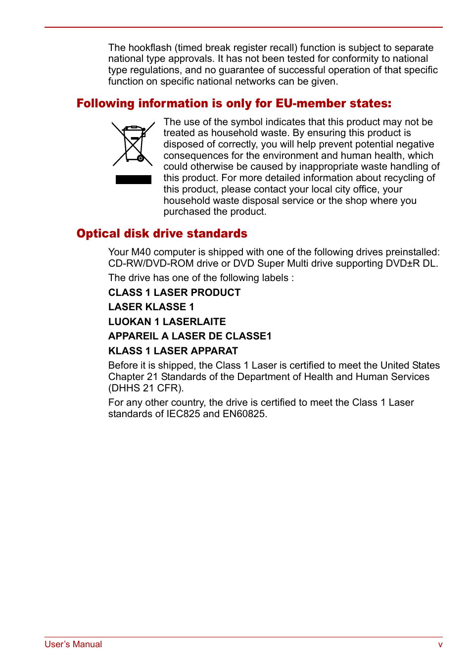 Following information is only for eu-member states, Optical disk drive standards | Toshiba Satellite Pro M40 User Manual | Page 5 / 190
