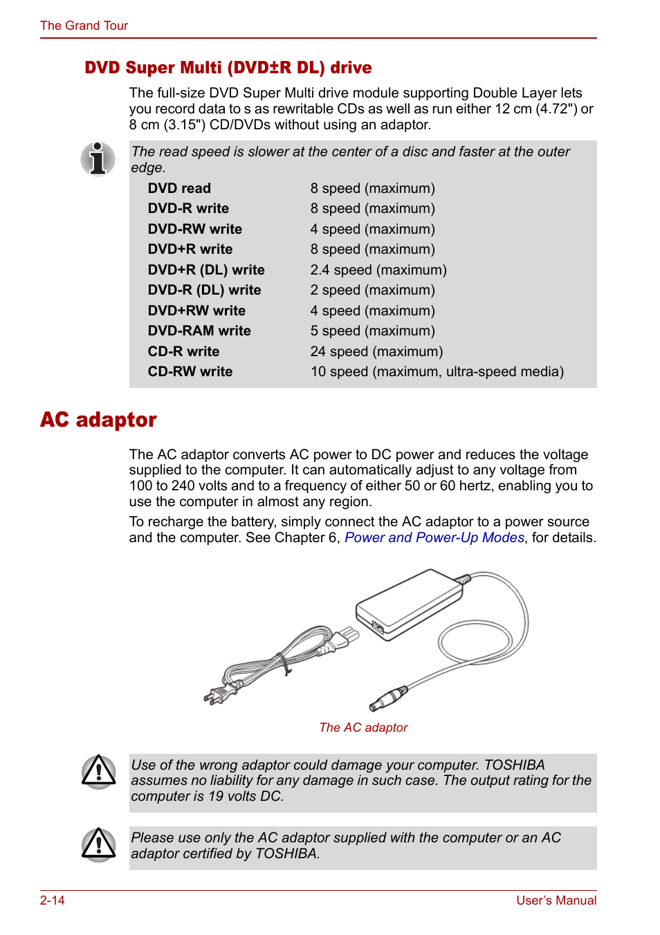 Ac adaptor, Ac adaptor -14, Dvd super multi (dvd±r dl) drive | Toshiba Satellite Pro M40 User Manual | Page 54 / 190