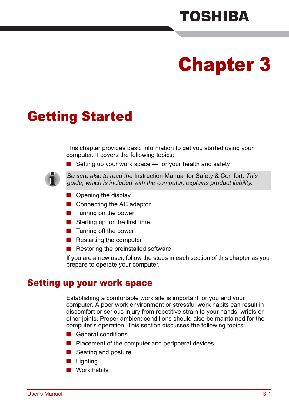 Chapter 3 - getting started, Setting up your work space, Getting started | Chapter 3, Setting up your work space -1 | Toshiba Satellite Pro M40 User Manual | Page 55 / 190