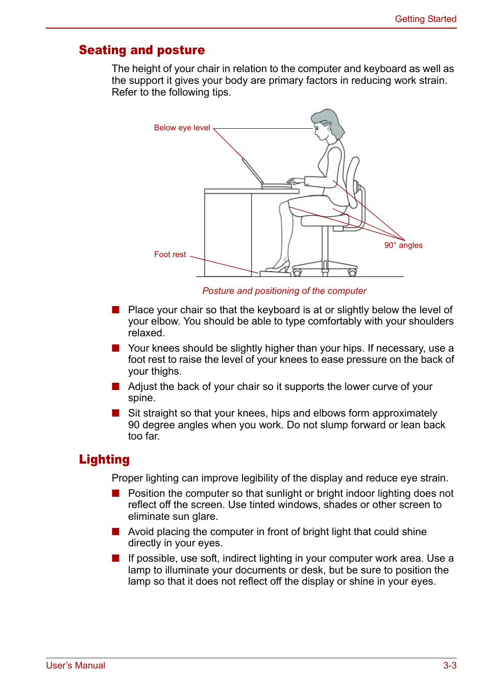 Seating and posture, Lighting | Toshiba Satellite Pro M40 User Manual | Page 57 / 190