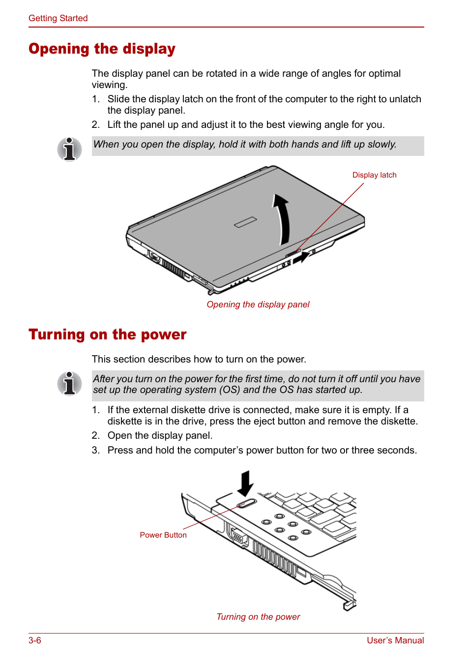 Opening the display, Turning on the power, Opening the display -6 turning on the power -6 | Toshiba Satellite Pro M40 User Manual | Page 60 / 190