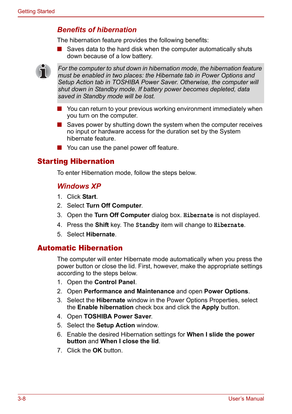 Starting hibernation, Automatic hibernation | Toshiba Satellite Pro M40 User Manual | Page 62 / 190