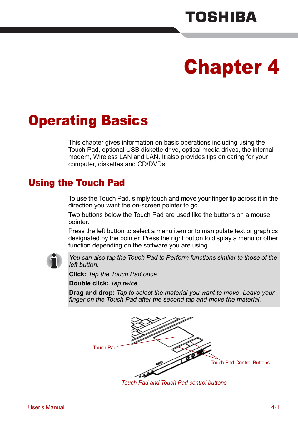 Chapter 4 - operating basics, Using the touch pad, Operating basics | Chapter 4, Using the touch pad -1 | Toshiba Satellite Pro M40 User Manual | Page 67 / 190