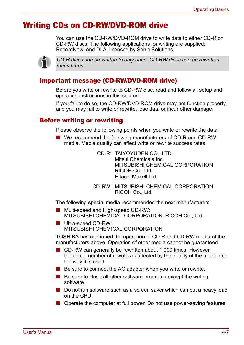 Writing cds on cd-rw/dvd-rom drive, Writing cds on cd-rw/dvd-rom drive -7, Important message (cd-rw/dvd-rom drive) | Before writing or rewriting | Toshiba Satellite Pro M40 User Manual | Page 73 / 190