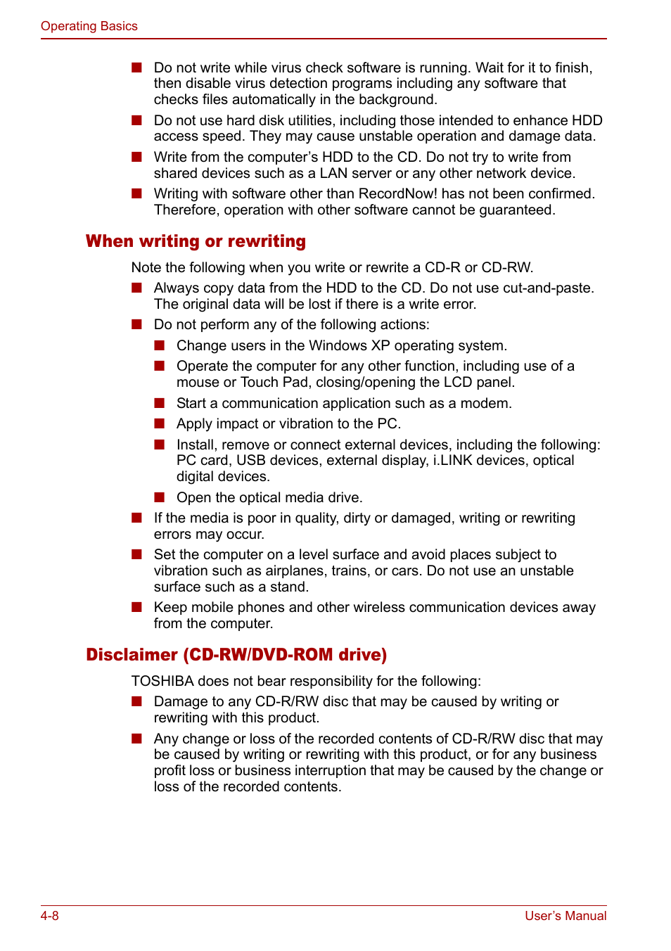 When writing or rewriting, Disclaimer (cd-rw/dvd-rom drive) | Toshiba Satellite Pro M40 User Manual | Page 74 / 190