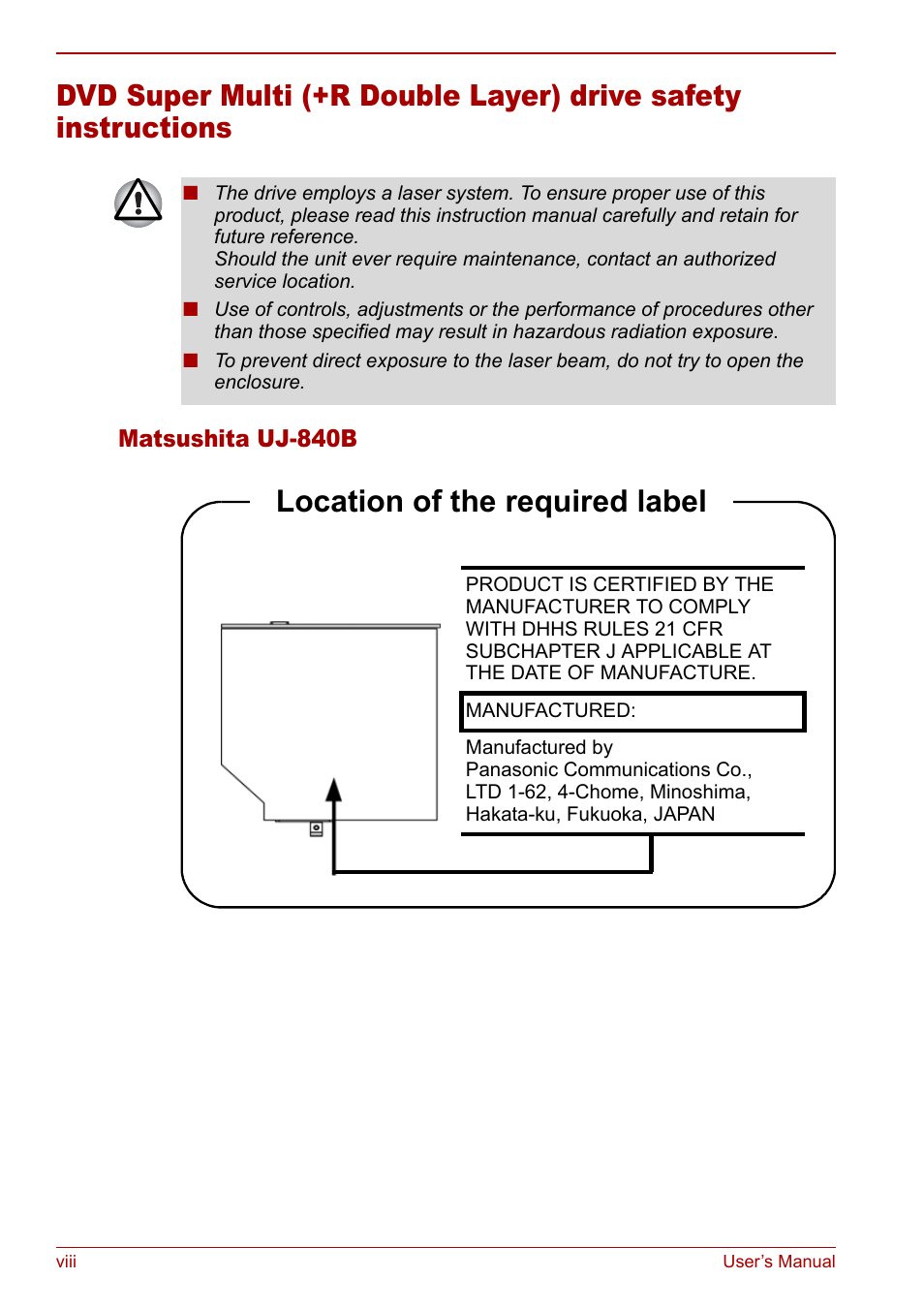 Location of the required label | Toshiba Satellite Pro M40 User Manual | Page 8 / 190