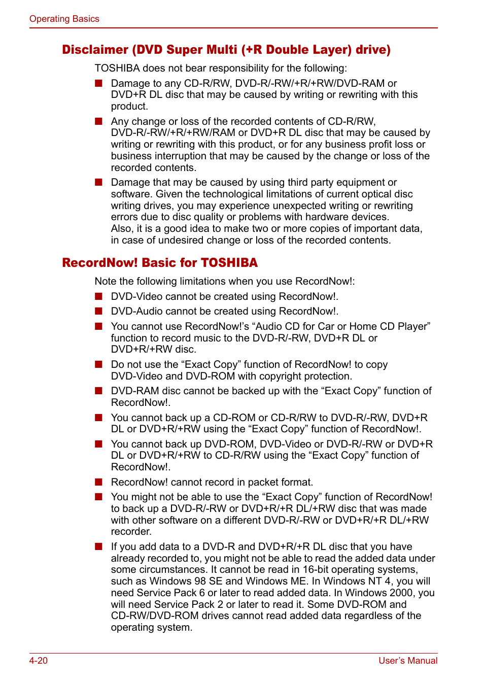 Recordnow! basic for toshiba | Toshiba Satellite Pro M40 User Manual | Page 86 / 190