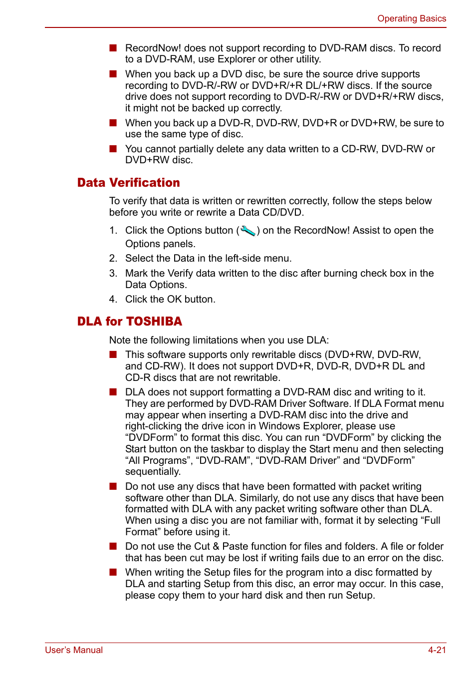 Data verification, Dla for toshiba | Toshiba Satellite Pro M40 User Manual | Page 87 / 190