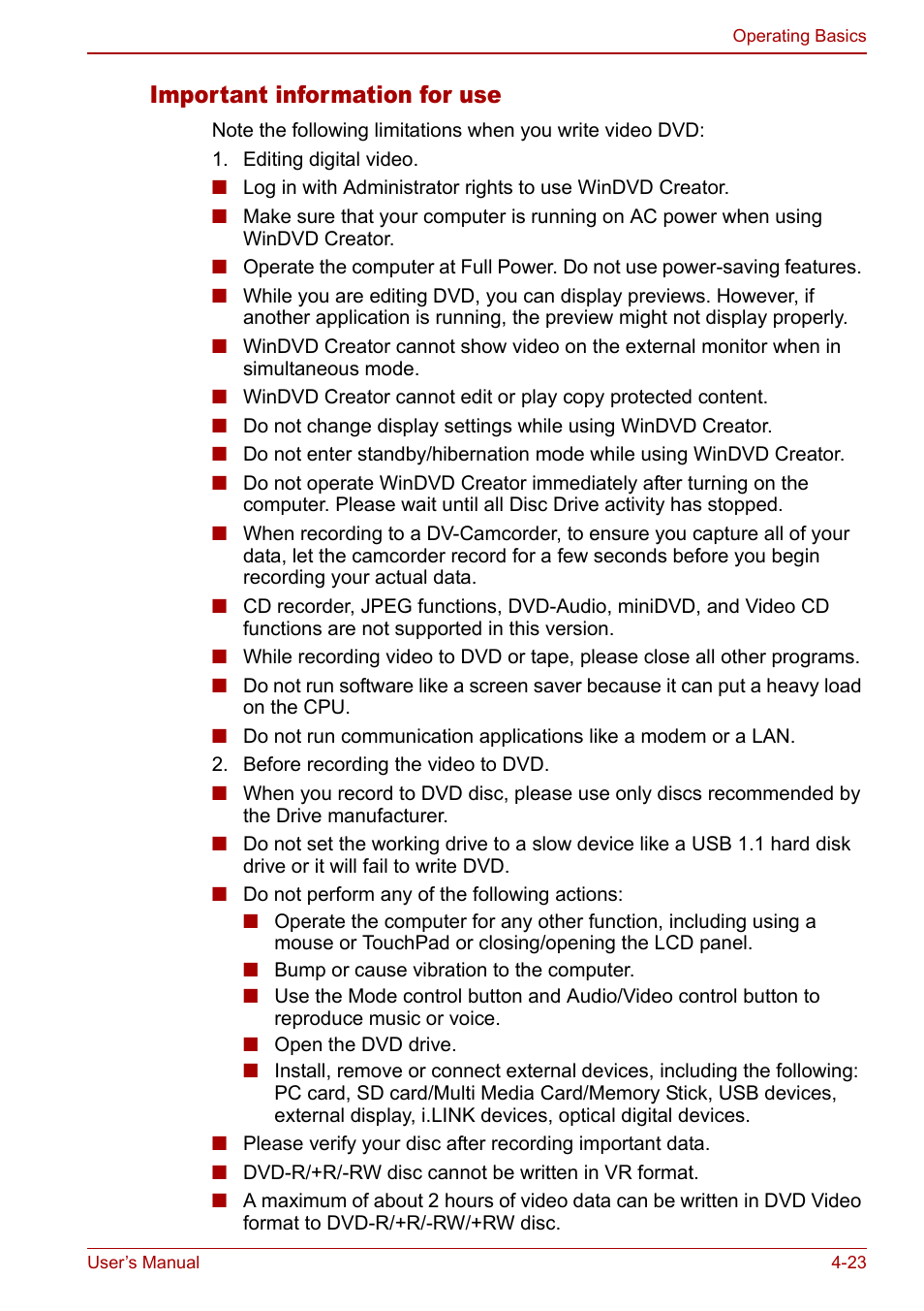 Important information for use | Toshiba Satellite Pro M40 User Manual | Page 89 / 190
