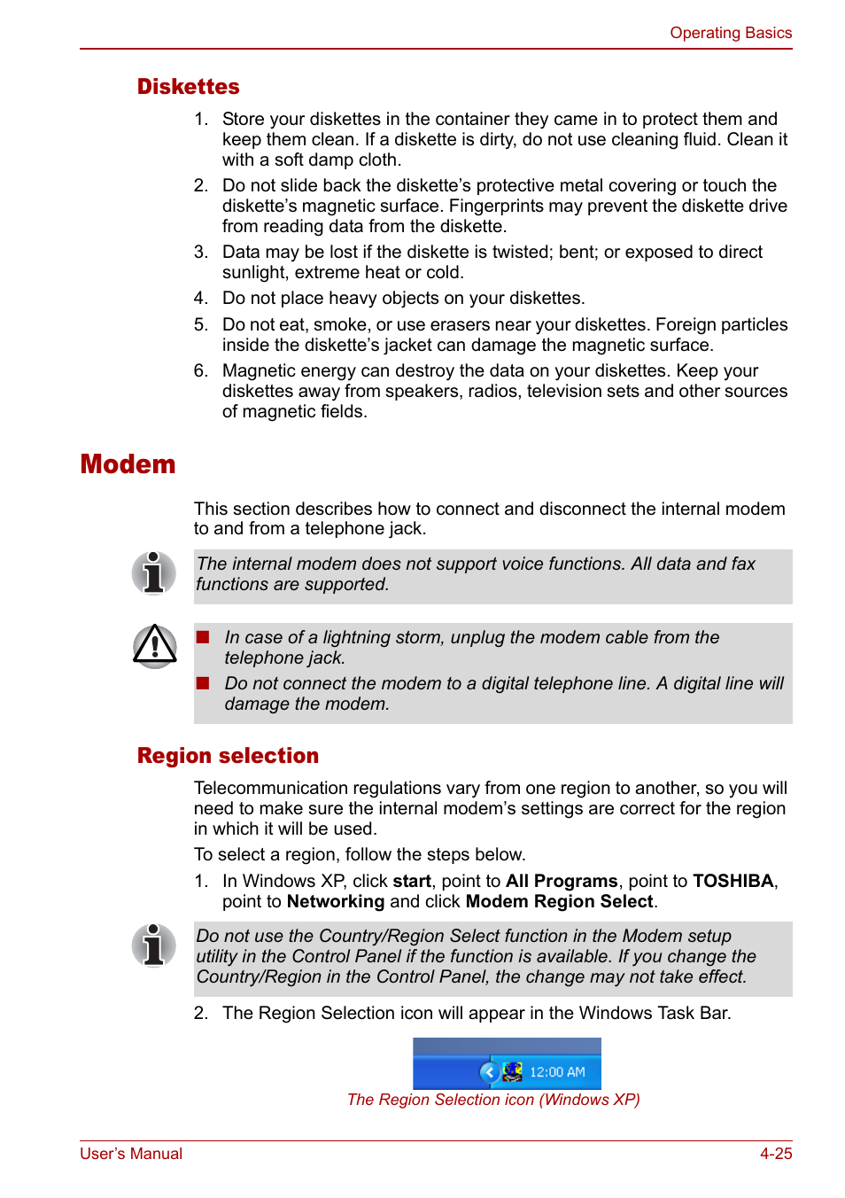 Modem, Modem -25, Diskettes | Region selection | Toshiba Satellite Pro M40 User Manual | Page 91 / 190