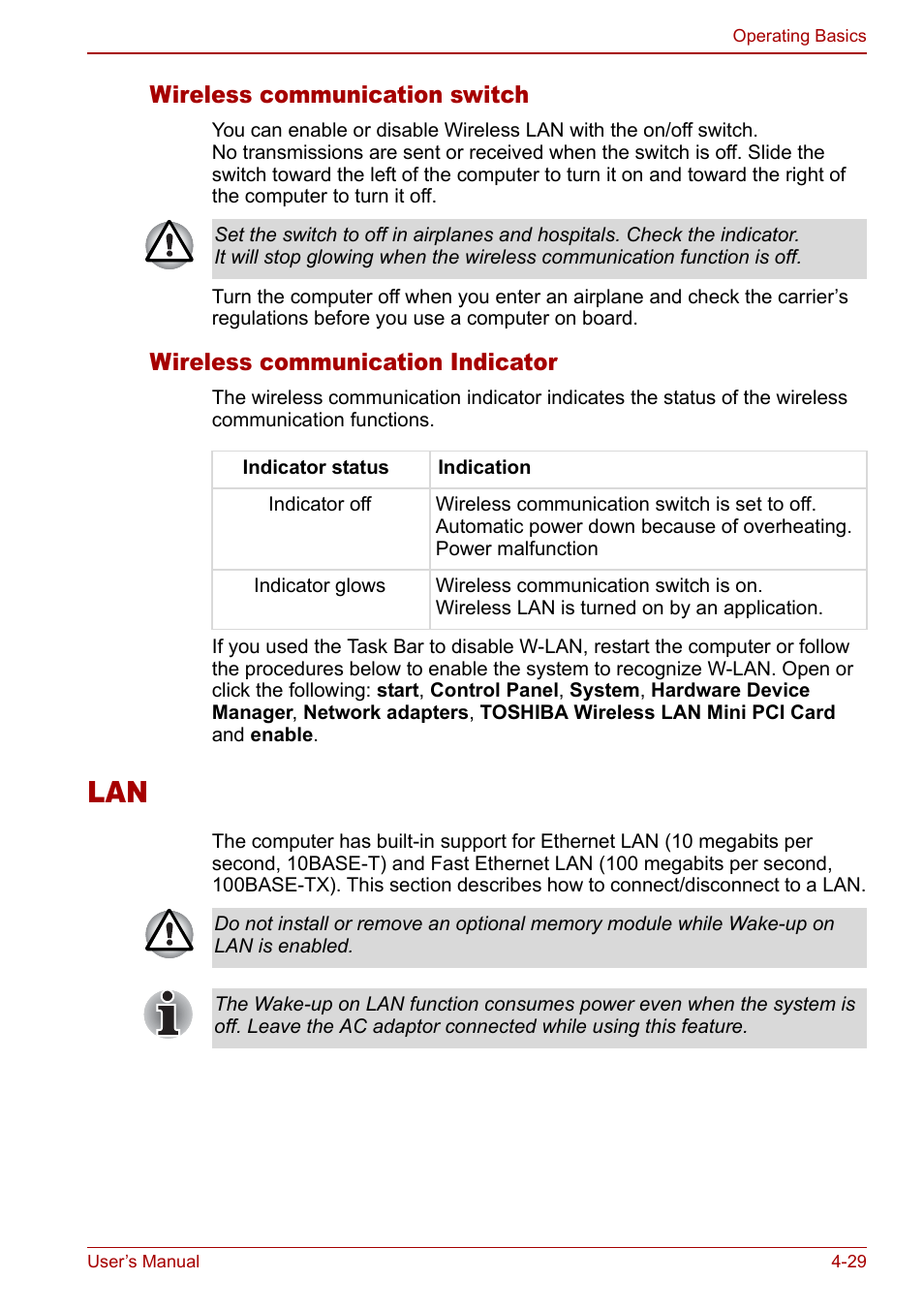 Lan -29, Wireless communication switch, Wireless communication indicator | Toshiba Satellite Pro M40 User Manual | Page 95 / 190