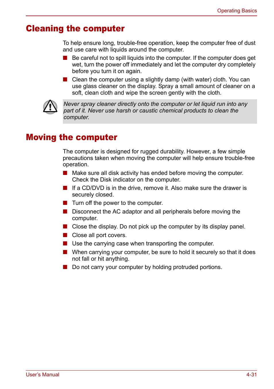 Cleaning the computer, Moving the computer, Cleaning the computer -31 moving the computer -31 | Toshiba Satellite Pro M40 User Manual | Page 97 / 190