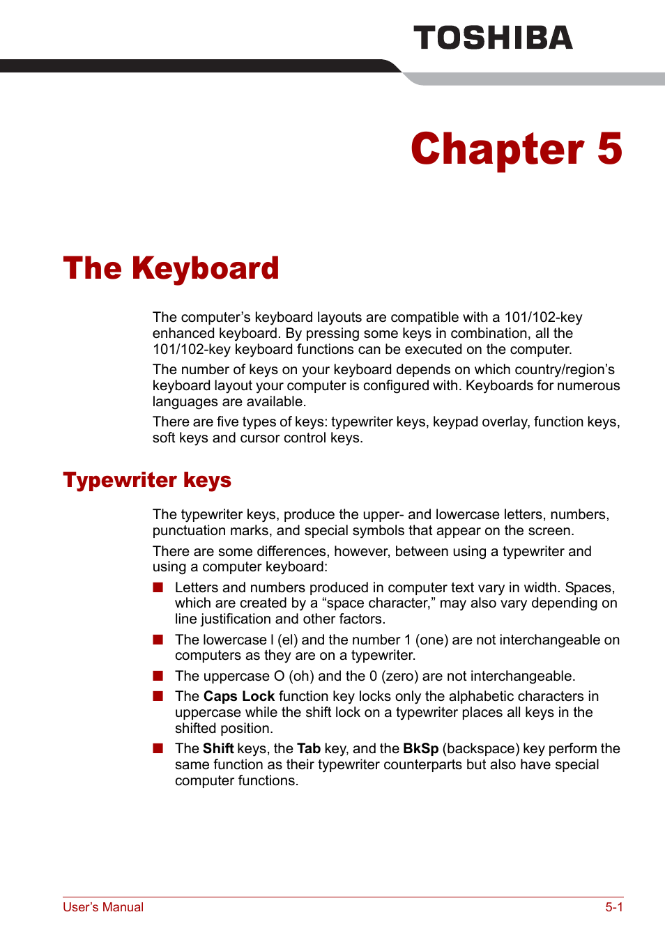 Chapter 5 - the keyboard, Typewriter keys, The keyboard | Chapter 5, Typewriter keys -1, Keyboard | Toshiba Satellite Pro M40 User Manual | Page 99 / 190