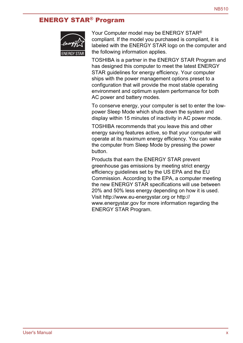 Energy star, Program | Toshiba NB510 User Manual | Page 10 / 127