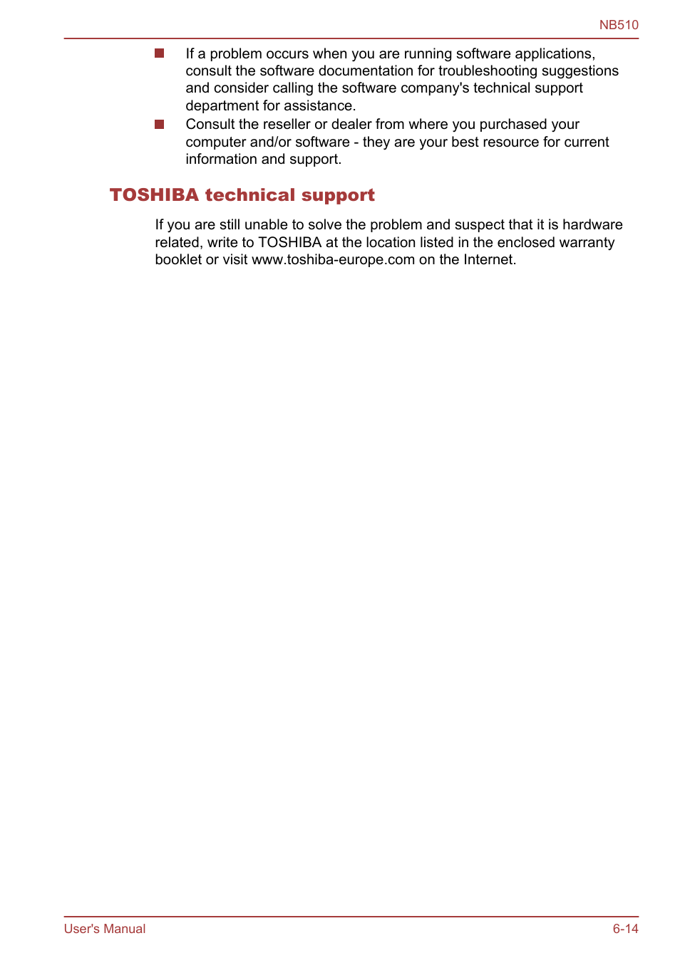 Toshiba technical support | Toshiba NB510 User Manual | Page 102 / 127