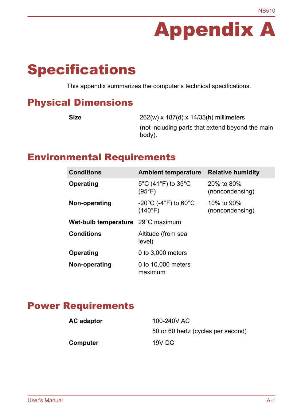 Appendix a specifications, Physical dimensions, Environmental requirements | Power requirements, Appendix a, Specifications | Toshiba NB510 User Manual | Page 103 / 127