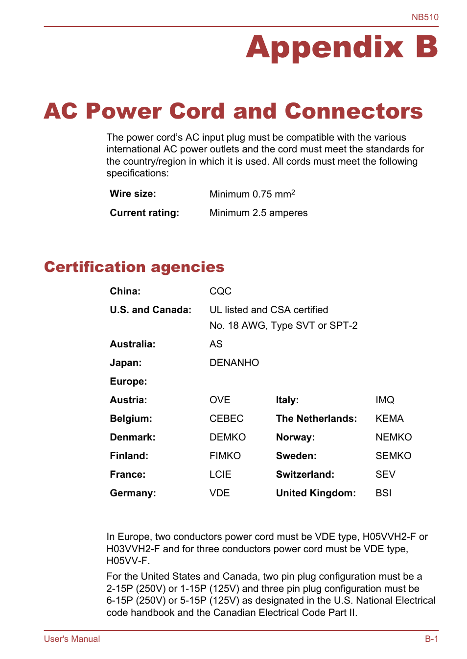 Appendix b ac power cord and connectors, Certification agencies, Appendix b | Ac power cord and connectors | Toshiba NB510 User Manual | Page 105 / 127